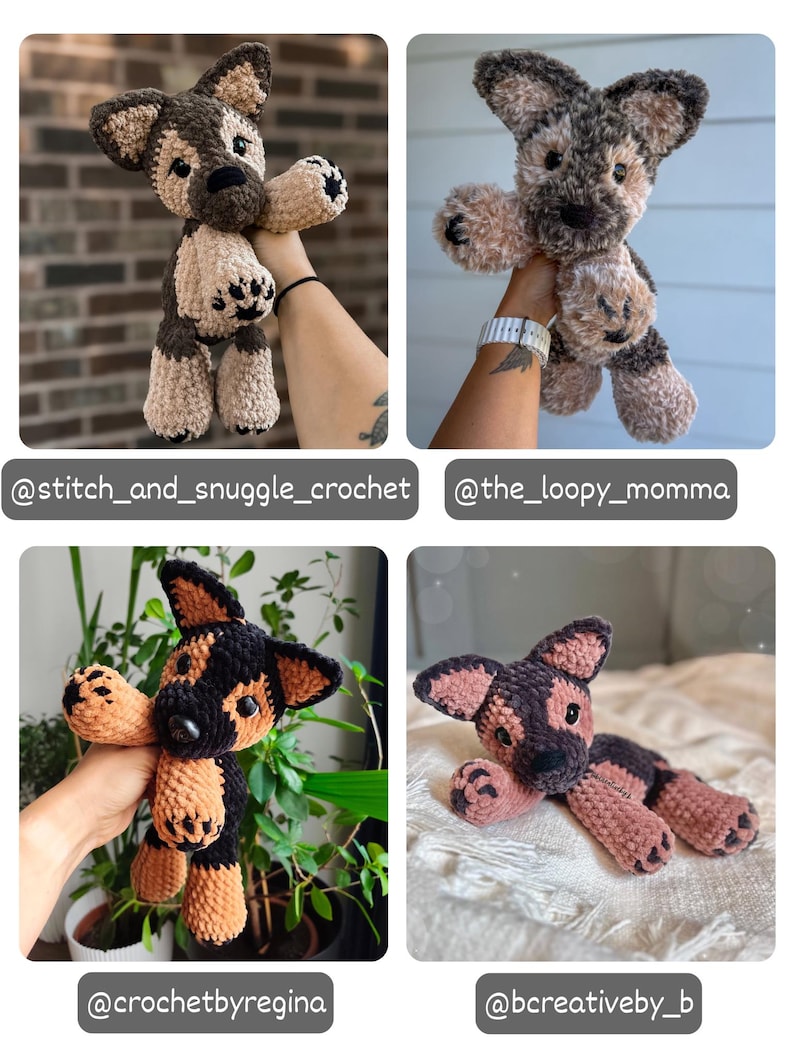 May include: A collection of four plush dog toys crafted from soft yarn. Each toy features pointed ears, dark eyes, and paw pads with stitched details. The dogs are rendered in various color combinations including brown, black, and tan, showcasing different textures.
