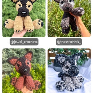 May include: A collection of four handmade crochet plush dog toys in various color patterns including black and tan, grey and white, brown and black, and black and white speckled. Each stuffed animal features large dark eyes and a black nose.
