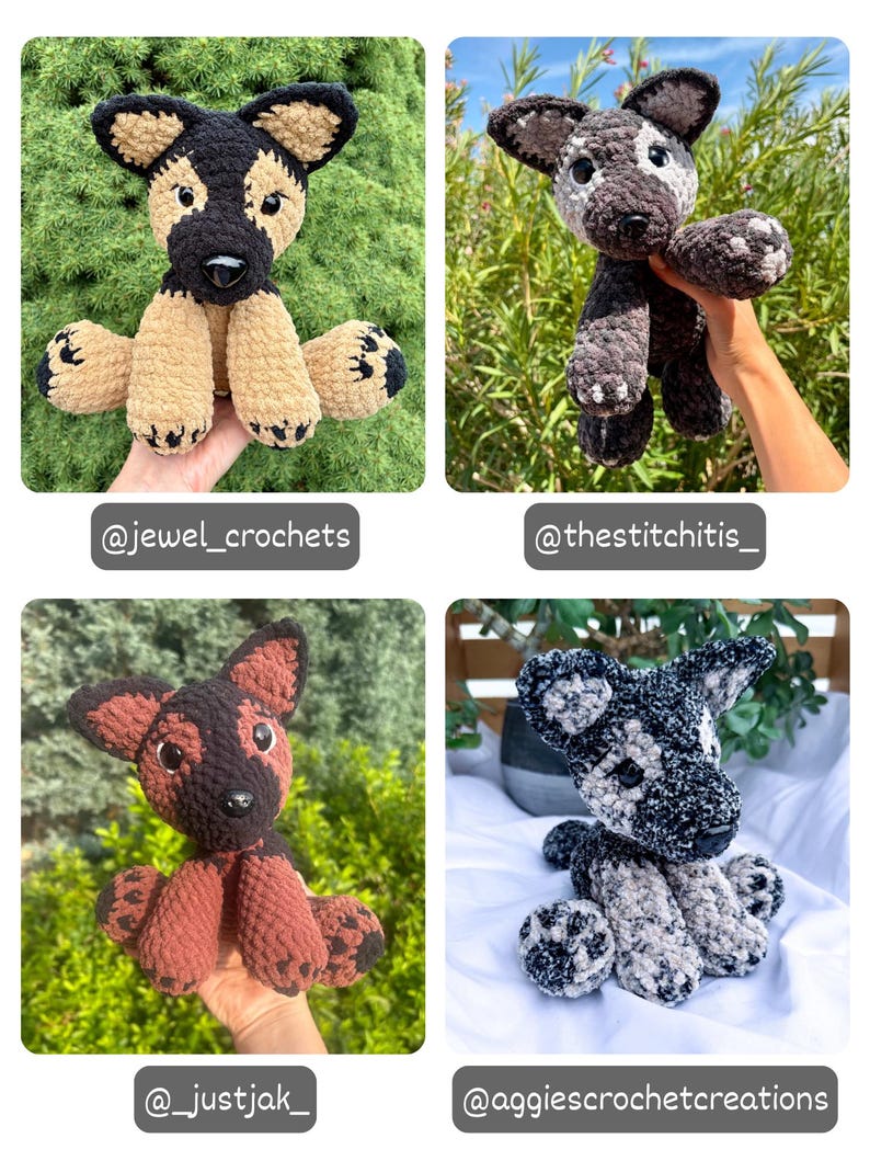 May include: A collection of four handmade crochet plush dog toys in various color patterns including black and tan, grey and white, brown and black, and black and white speckled. Each stuffed animal features large dark eyes and a black nose.
