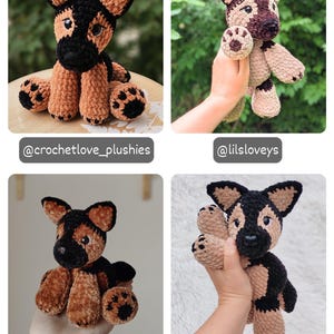 May include: Four handmade crochet plush toys shaped like German Shepherd dogs, featuring black and tan yarn, pointed ears, and dark plastic eyes. Each plush is labeled with social media handles: @crochetlove_plushies, @lilsloveys, @cutecrochetcreatures, and @s.j.crochet.
