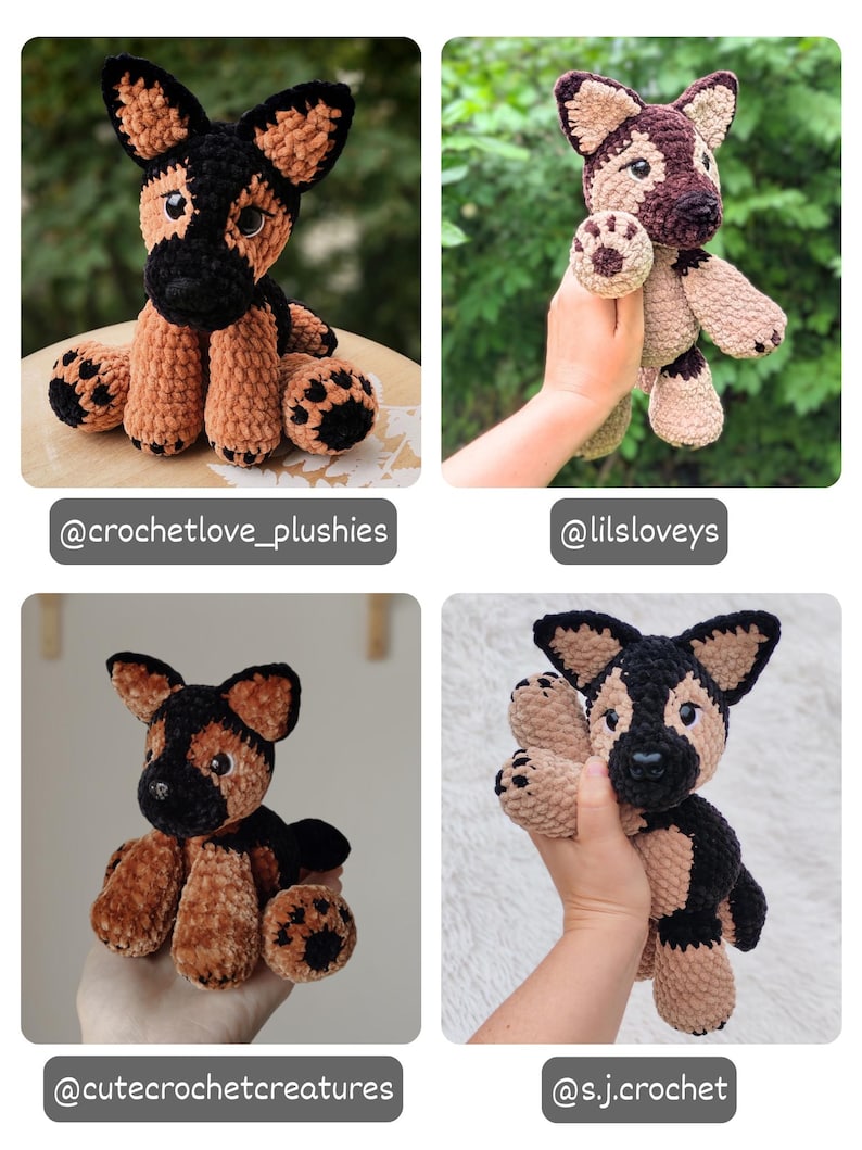 May include: Four handmade crochet plush toys shaped like German Shepherd dogs, featuring black and tan yarn, pointed ears, and dark plastic eyes. Each plush is labeled with social media handles: @crochetlove_plushies, @lilsloveys, @cutecrochetcreatures, and @s.j.crochet.