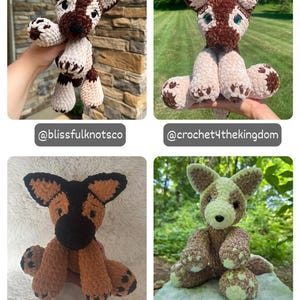 May include: Four handmade crochet plush dogs in various color patterns. The top left is brown and cream, top right is brown and cream, bottom left is black and tan, and bottom right is light brown and cream. Each features stitched paw pads.