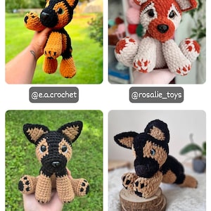 May include: A collection of four handmade crochet plush dog toys. The figures feature various color combinations including black, tan, brown, and white yarn, with plastic safety eyes and noses. Each plush toy is labeled with social media handles.