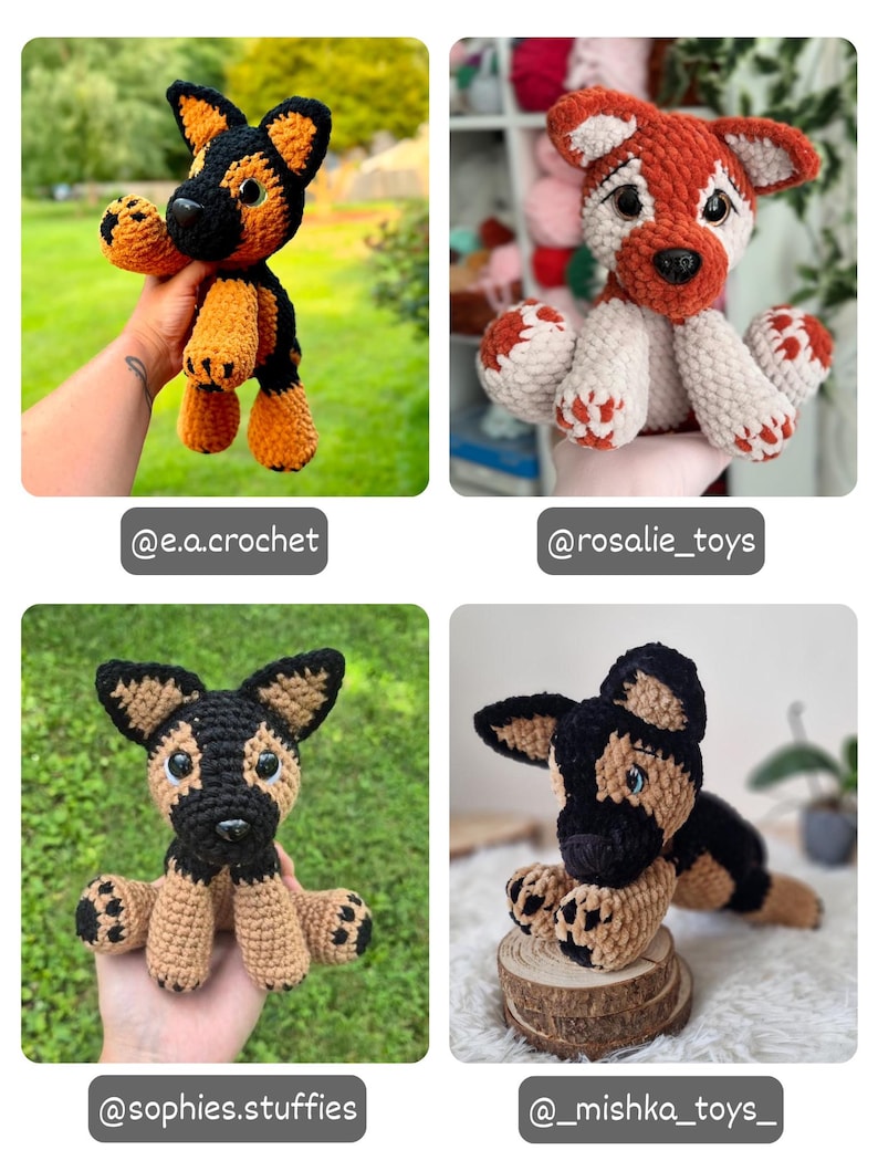 May include: A collection of four handmade crochet plush dog toys. The figures feature various color combinations including black, tan, brown, and white yarn, with plastic safety eyes and noses. Each plush toy is labeled with social media handles.