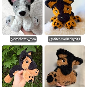 May include: Four plush dog toys made of soft yarn. Top left: grey and white speckled dog. Top right: black and tan dog. Bottom left: black and tan dog with visible paw pads. Bottom right: black and tan dog with a textured, fuzzy appearance.