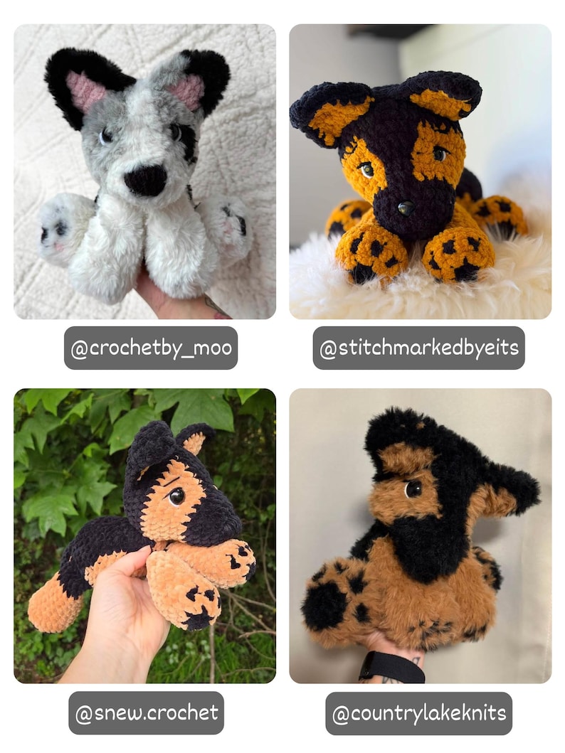 May include: Four plush dog toys made of soft yarn. Top left: grey and white speckled dog. Top right: black and tan dog. Bottom left: black and tan dog with visible paw pads. Bottom right: black and tan dog with a textured, fuzzy appearance.