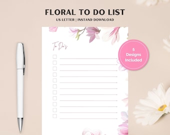 Printable Floral To Do List, Daily To Do List, Includes 5 Designs