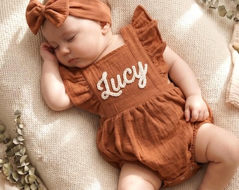 Custom Name Baby Girl Romper, Embroidered Muslin Bubble Outfit, Organic Cotton Linen Clothes, First Birthday Outfit, Baby Gift