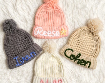 Personalized Embroidered Name Beanie,Custom Winter Baby Beanie With Name,Unisex Toddler Name Pom Hat,Kids Christmas Gift,Baby Shower Gift