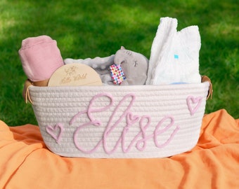 Cesta de regalo personalizada para baby shower, cesta de regalo para bebé, cesta de algodón con cuerda, cesta de regalo para bebé, cesta de almacenamiento de cesta de juguete, regalo con nombre de bebé