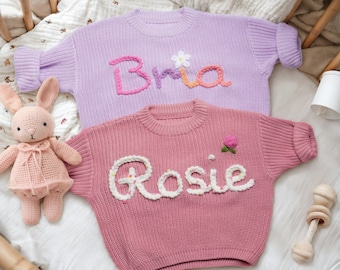 Personalized Baby Name Sweater,Custom Hand Embroidered Baby Sweater,Flower Baby Sweater,Baby Shower Gift,Newborn Gift,Gift For Baby