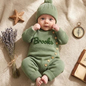 Puede incluir: Un pelele de punto de manga larga en color verde salvia con un gorro a juego. El pelele presenta un cierre diagonal de botones en la parte delantera y el nombre Brooks bordado en hilo verde oscuro en el pecho. La tela tiene textura acanalada.