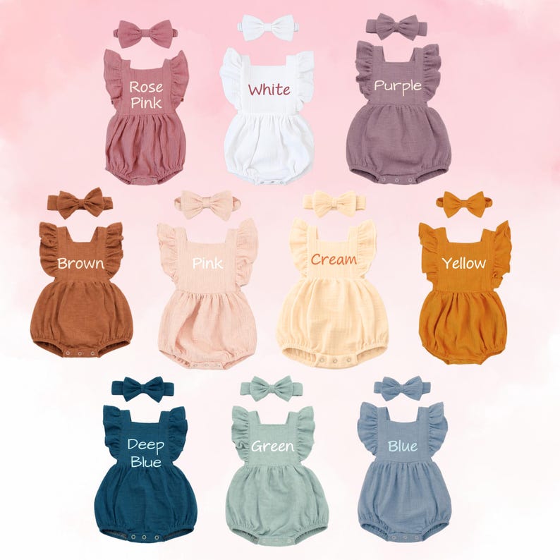 May include: A collection of baby rompers in various colors, each paired with a matching bow headband. Colors include rose pink, white, purple, brown, pink, cream, yellow, deep blue, green, and blue. Each romper has ruffled sleeves and the color name is printed on the front.