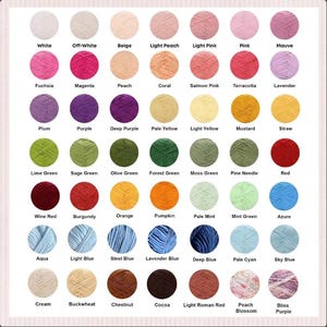 May include: A color chart featuring 42 yarn colors, each in a small ball. Colors range from white, beige, and pinks to greens, blues, and browns. Each color is labeled with its name, such as "White," "Fuchsia," and "Orange."