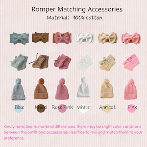 May include: A collection of baby accessories, including bows, booties, and beanies, in various colors such as blue, khaki, rose pink, white, apricot, and pink. The text indicates the material is 100% cotton.
