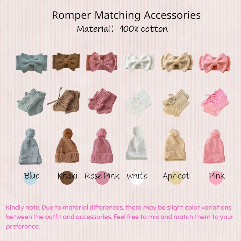 May include: A collection of baby accessories, including bows, booties, and beanies, in various colors such as blue, khaki, rose pink, white, apricot, and pink. The text indicates the material is 100% cotton.