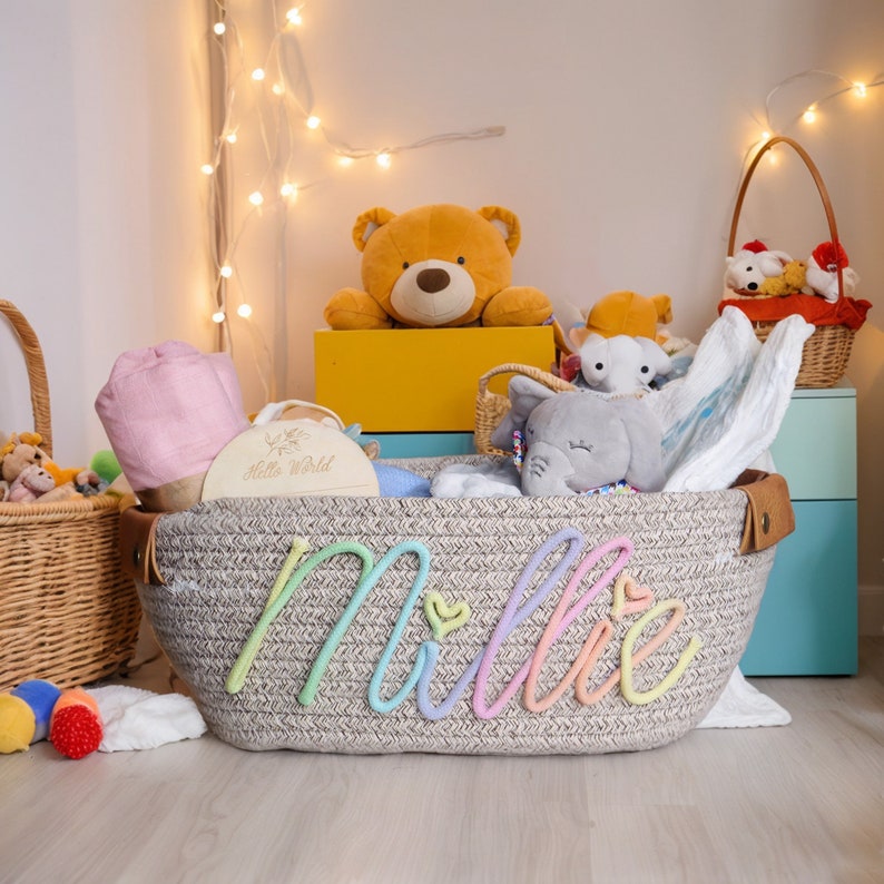 Baby shower personalized gift basket, baby Gift Basket Rope Cotton Basket, Baby Gift Basket Toy Basket Storage Basket ,Baby Name Gift image 6