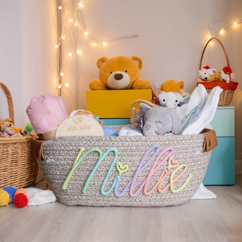 Panier cadeau personnalisé pour baby shower, panier cadeau pour bébé, panier en coton en corde, panier cadeau pour bébé, panier à jouets, panier de rangement, cadeau prénom pour bébé image 6