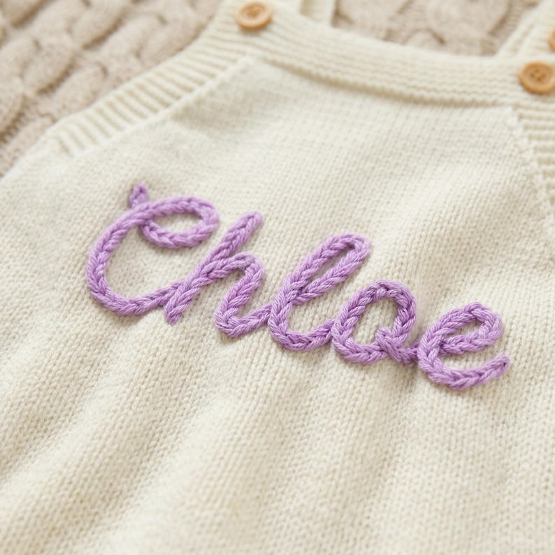 May include: Cream-colored knitted baby romper with the name "Chloe" embroidered in lavender thread. The romper features wooden buttons and a cable knit design on the straps. The soft, textured fabric suggests a cozy and comfortable garment.