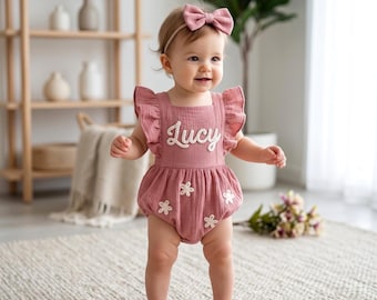Personalisierte Baby Strampler Mädchen, benutzerdefinierte Name bestickt Outfit, Musselin Baumwolle Blase Strampler, Baby-Dusche-Geschenk, Neugeborenen nach Hause kommen Outfit