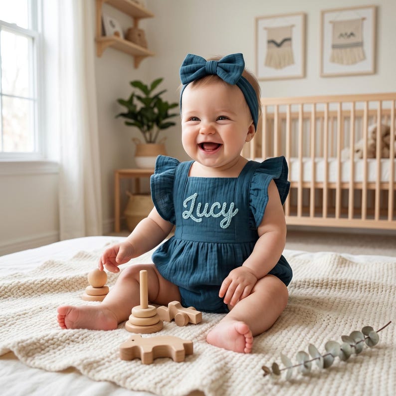 May include: A smiling baby wearing a teal romper with the name "Lucy" embroidered on the front, and a matching bow headband. The baby is surrounded by wooden toys, including a stacking ring and a car.