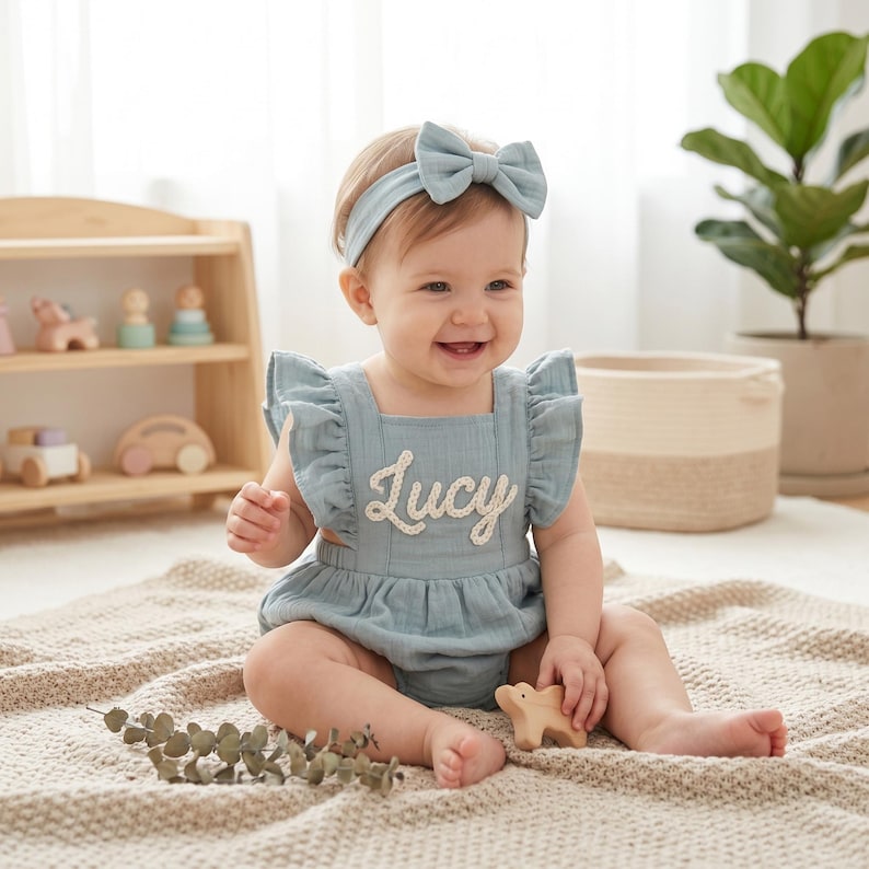 May include: A baby wearing a light blue romper with the name "Lucy" embroidered on the front. The romper has ruffled sleeves and a matching bow headband. The baby is smiling and holding a wooden toy.