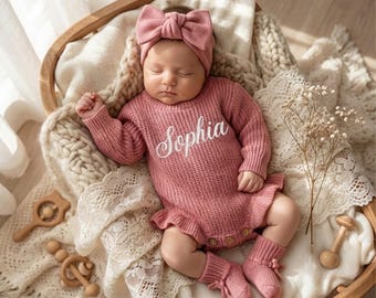 Embroidered Name Baby Romper Set, Personalized Outfit, Baby Girl Romper, Coming Home, Organic Cotton Knit, Gender Neutral