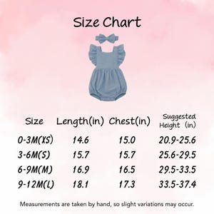 May include: A light blue baby romper with ruffled sleeves and matching headband. The image includes a size chart with measurements in inches for length, chest, and suggested height for sizes 0-3M(XS) to 9-12M(L).