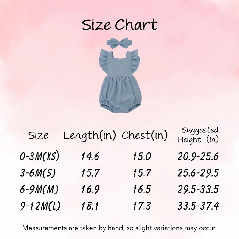 May include: A light blue baby romper with ruffled sleeves and matching headband. The image includes a size chart with measurements in inches for length, chest, and suggested height for sizes 0-3M(XS) to 9-12M(L).