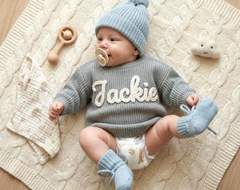 Hand-Embroidered Custom Name Baby Sweater: Personalised Knit, Personalised Holiday Keepsake Jumper for Kids & Babies boy girl