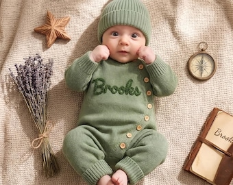 Personalized Baby Boy Knit Romper Set with Hat, Newborn Coming Home Outfit, Embroidered Name Hospital Outfit, Newborn Baby Shower Gift