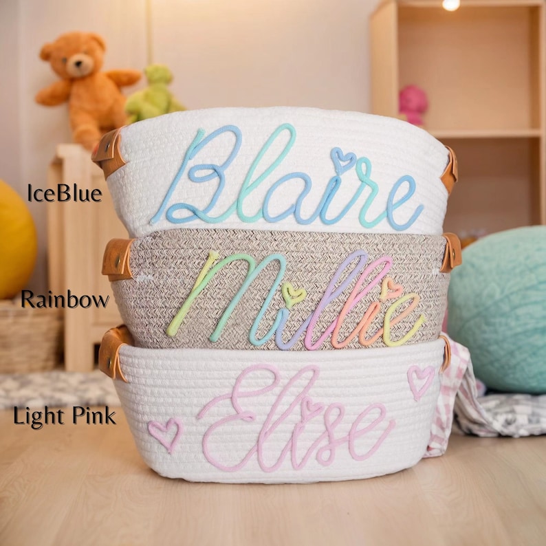 Panier cadeau personnalisé pour baby shower, panier cadeau pour bébé, panier en coton en corde, panier cadeau pour bébé, panier à jouets, panier de rangement, cadeau prénom pour bébé image 2