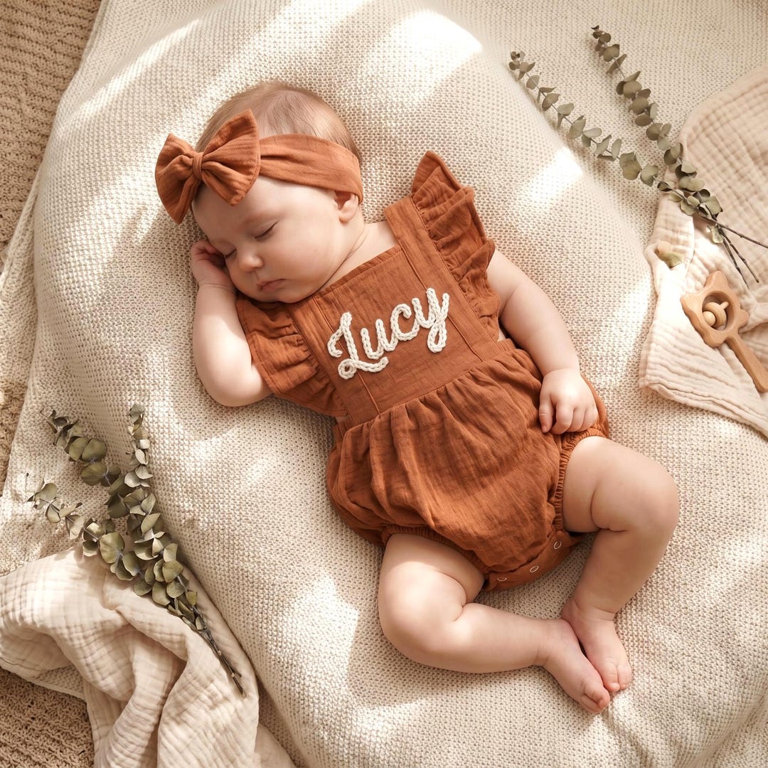 Custom Name Baby Girl Romper, Embroidered Muslin Bubble Outfit, Organic Cotton Linen Cloth