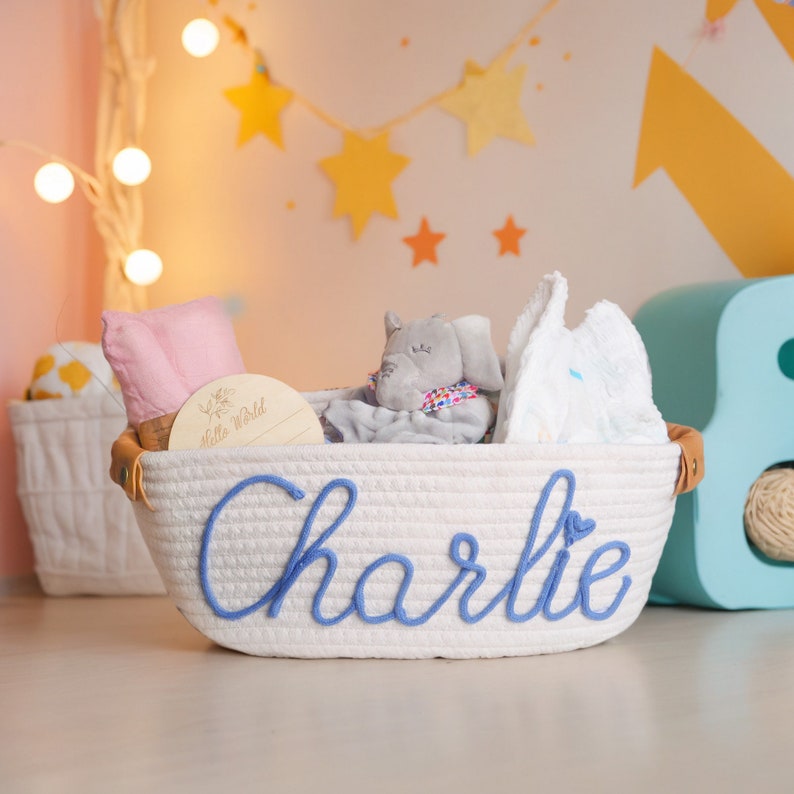 Panier cadeau personnalisé pour baby shower, panier cadeau pour bébé, panier en coton en corde, panier cadeau pour bébé, panier à jouets, panier de rangement, cadeau prénom pour bébé image 4