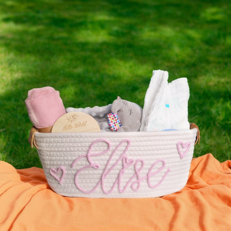 Baby shower personalized gift basket, baby Gift Basket Rope Cotton Basket, Baby Gift Basket Toy Basket Storage Basket ,Baby Name Gift image 1