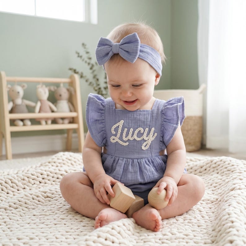 May include: A baby in a light blue romper and matching headband with a bow. The romper has the name "Lucy" embroidered on the front. The baby is sitting on a cream-colored knitted blanket and holding wooden blocks.