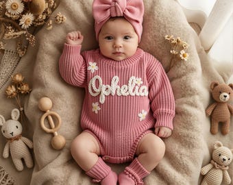 Hand Embroidered Name Baby Romper Set,Personalized Outfit, Baby Girl Romper, Coming Home, Organic Cotton Knit,Gender Neutral