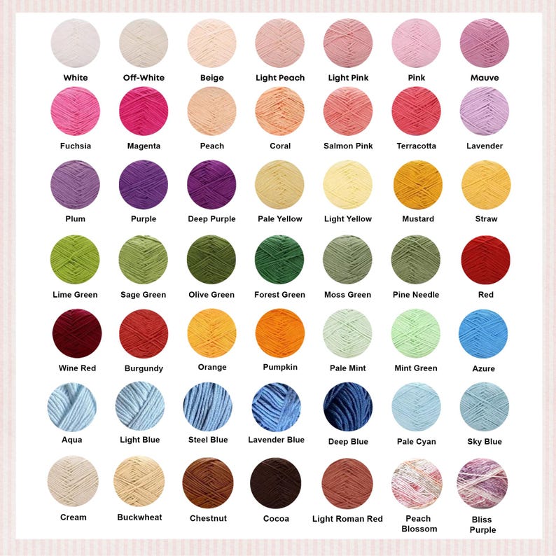 May include: A color chart featuring a variety of yarn skeins in a range of colors, including white, pink, purple, green, and blue. Each color is labeled with its name, such as "White," "Pink," and "Azure."
