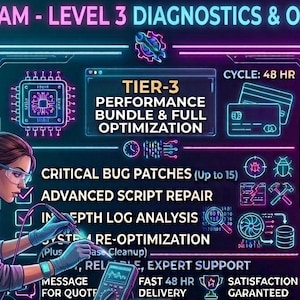 Puede incluir: Ilustración digital que promociona un "Programa Pro" para la optimización de servidores de juegos. La imagen presenta a una mujer con bata de laboratorio, un mando de juegos y texto que destaca servicios como corrección de errores, reparación de scripts y análisis de registros.