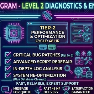 Op de afbeelding: Digitale afbeelding met neonblauwe en paarse accenten. Tekst luidt "MEDIUM PROGRAM - LEVEL 2 DIAGNOSTICS & ENHANCEMENTS" en "TIER-2 PERFORMANCE & OPTIMIZATION CYCLE: 48 HR". Bevat pictogrammen en vinkjes voor diensten.