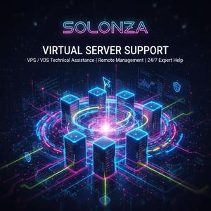 Può includere: Illustrazione digitale con il testo "SOLONZA VIRTUAL SERVER SUPPORT". L'immagine presenta una rete di server con linee blu e rosa luminose, un cursore e un'icona a scudo, il tutto su sfondo scuro.