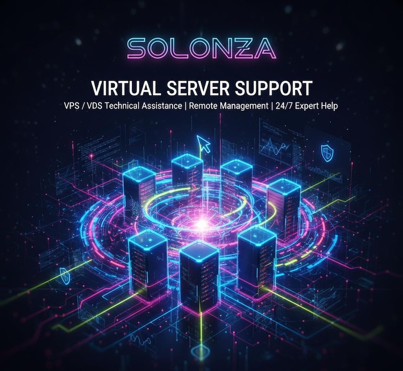 May include: A digital graphic featuring the word "SOLONZA" in neon blue and pink. The words "VIRTUAL SERVER SUPPORT" are below. The image depicts a network of servers with glowing lines and a central light source.