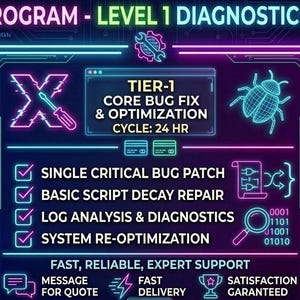 Op de afbeelding: Een digitale afbeelding met neon groene en paarse accenten, die een "Starter Programma" voor diagnostiek en patches adverteert. De afbeelding bevat tekst zoals "Tier-1 Core Bug Fix & Optimalisatie" en een lijst met diensten. De achtergrond bevat printplaatontwerpen.