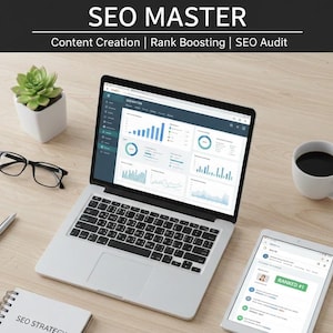 Puede incluir: Un portátil que muestra gráficos de datos, una tableta con el texto "RANKED #1" y una taza de café están sobre un escritorio de madera. La imagen también incluye una planta suculenta en una maceta blanca, gafas, un bolígrafo y un cuaderno con el texto "SEO STRATEGY". La parte superior de la imagen dice "SEO MASTER".