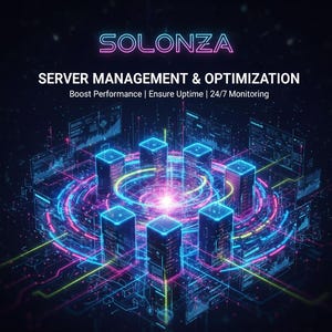 May include: A digital image with the word "SOLONZA" in neon. The graphic depicts a network of servers with blue and pink neon highlights, surrounded by data visualizations. Text reads "SERVER MANAGEMENT & OPTIMIZATION", with additional text below.
