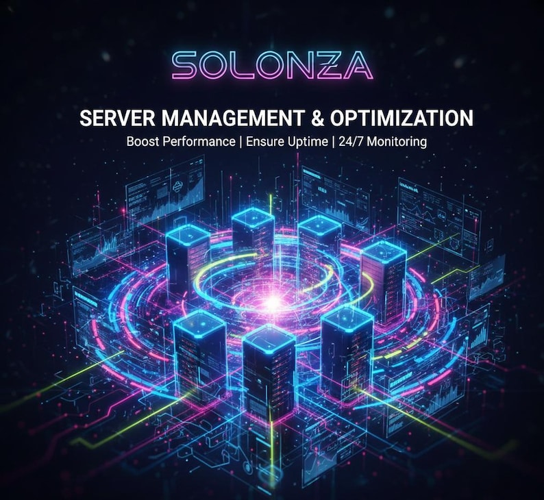 May include: A digital image with the word "SOLONZA" in neon. The graphic depicts a network of servers with blue and pink neon highlights, surrounded by data visualizations. Text reads "SERVER MANAGEMENT & OPTIMIZATION", with additional text below.