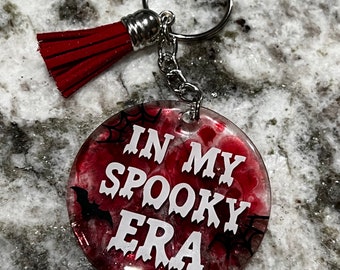 In My Spooky Era Halloween Blood Splatter Spider Web Bat Acrylic Keychain with Tassel! Perfect for Gifts!