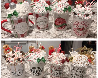 Faux Hot Chocolate Whipped Cream Candy Gingerbread Christmas Mug Decoration- Tiered Trays, Mantles, Gifts