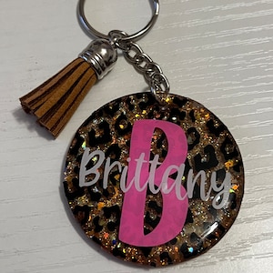 Personalized Gold Pink Cheetah Print Acrylic Keychain with Tassel! Perfect for Gifts!