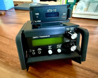 QMX+ cage - protects the radio and raises the front for operating - optional front swivel cover - integrates a battery or ATU-10 tuner too!